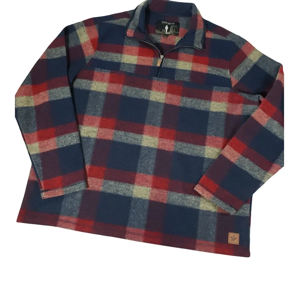 John Wayne Stock & Supply Mens XL Plaid Quarter Zip Fleece Pullover Navy Red
